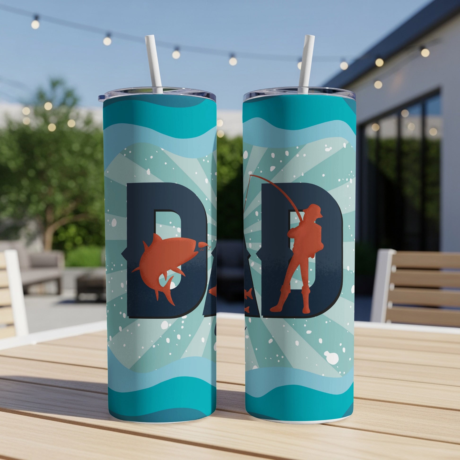 Two tumblers with text 'DAD', a fish, and a fisherman fishing graphic.