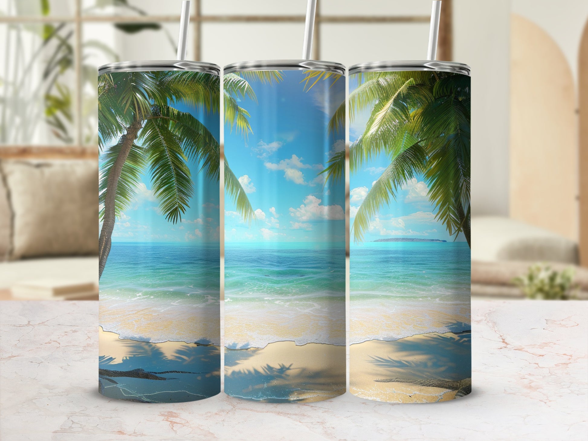 Three tumblers with a tropical beach scene and palm trees.