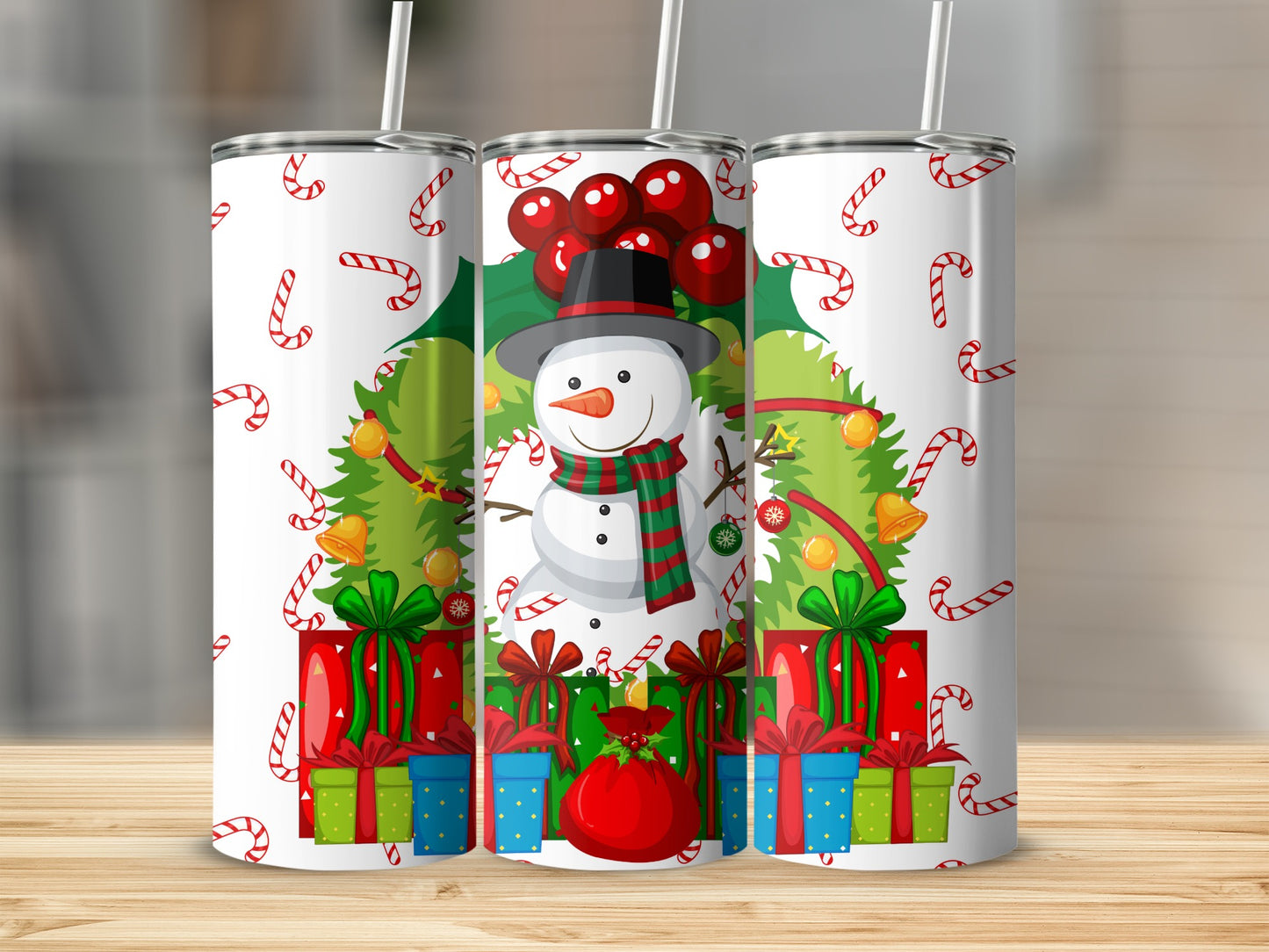 Festive Christmas Snowman and Presents Tumbler Design