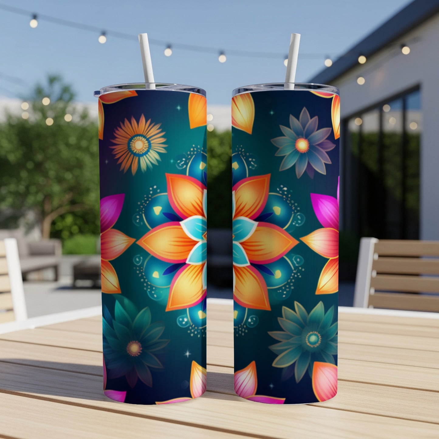 Two tall tumblers with vibrant floral mandala designs on a wooden table.