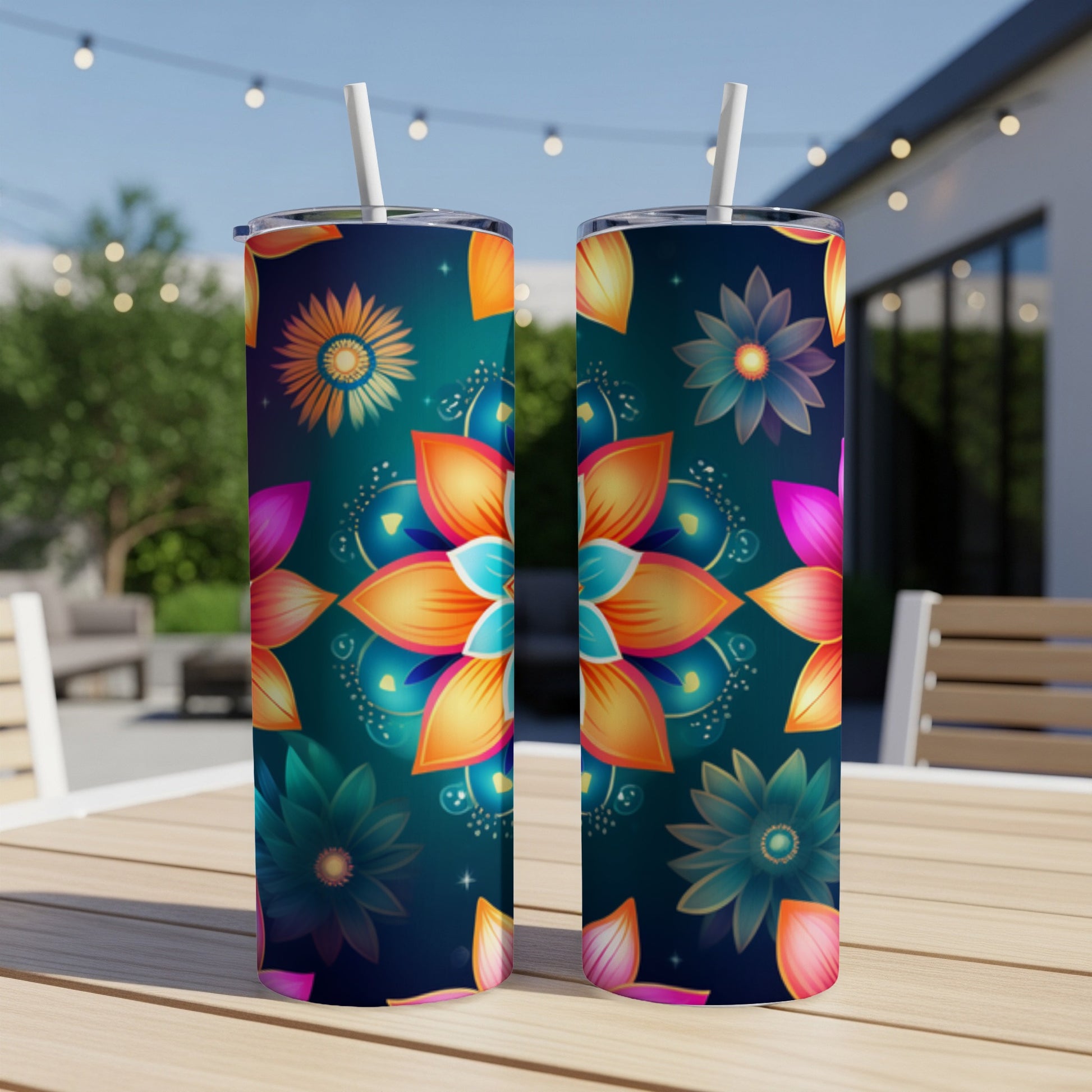 Two tall tumblers with vibrant floral mandala designs on a wooden table.