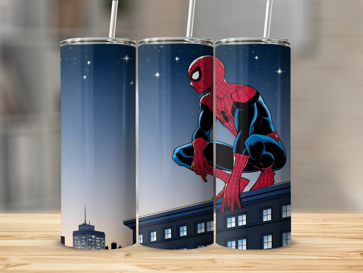 Spiderman crouches on a rooftop against a starry night sky.