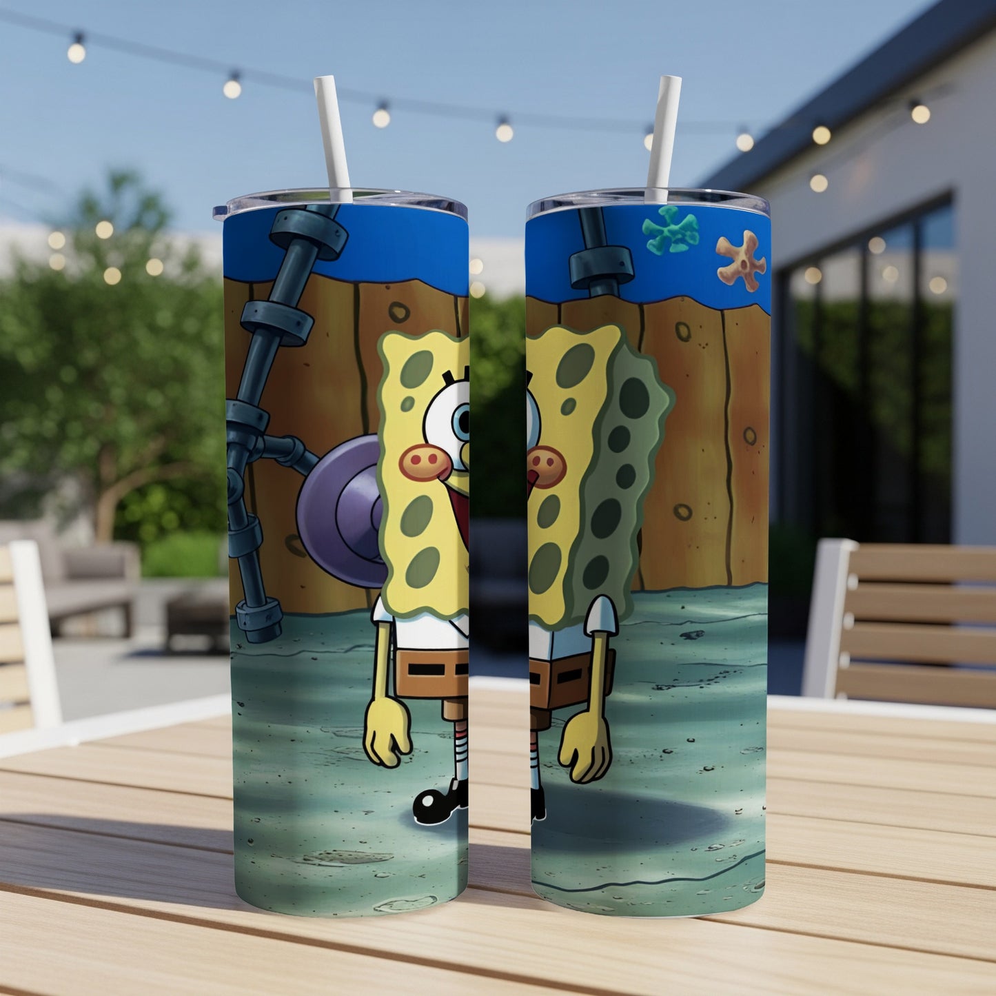 SpongeBob SquarePants character on a yellow tumbler with a straw.