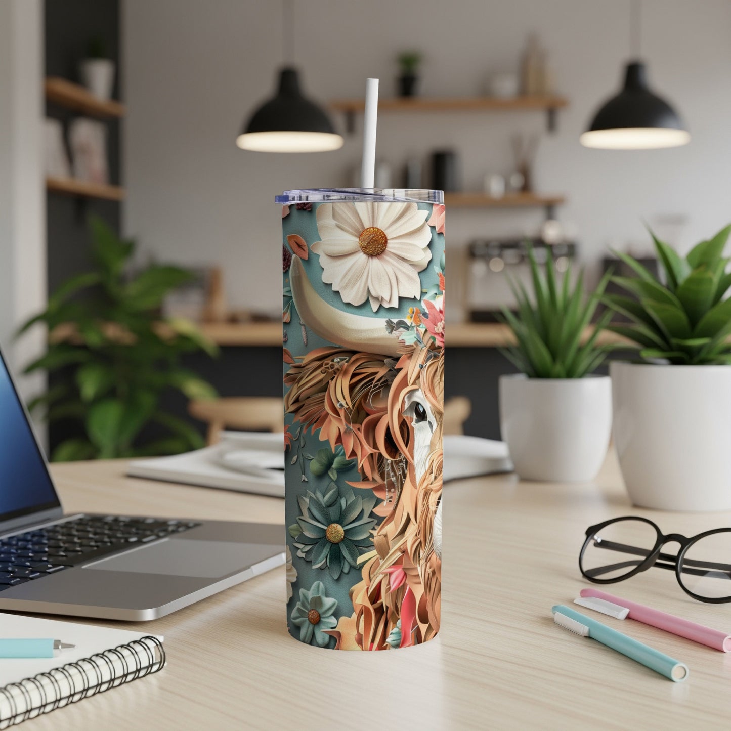 Tall tumbler with Highland cow and floral design, with straw.