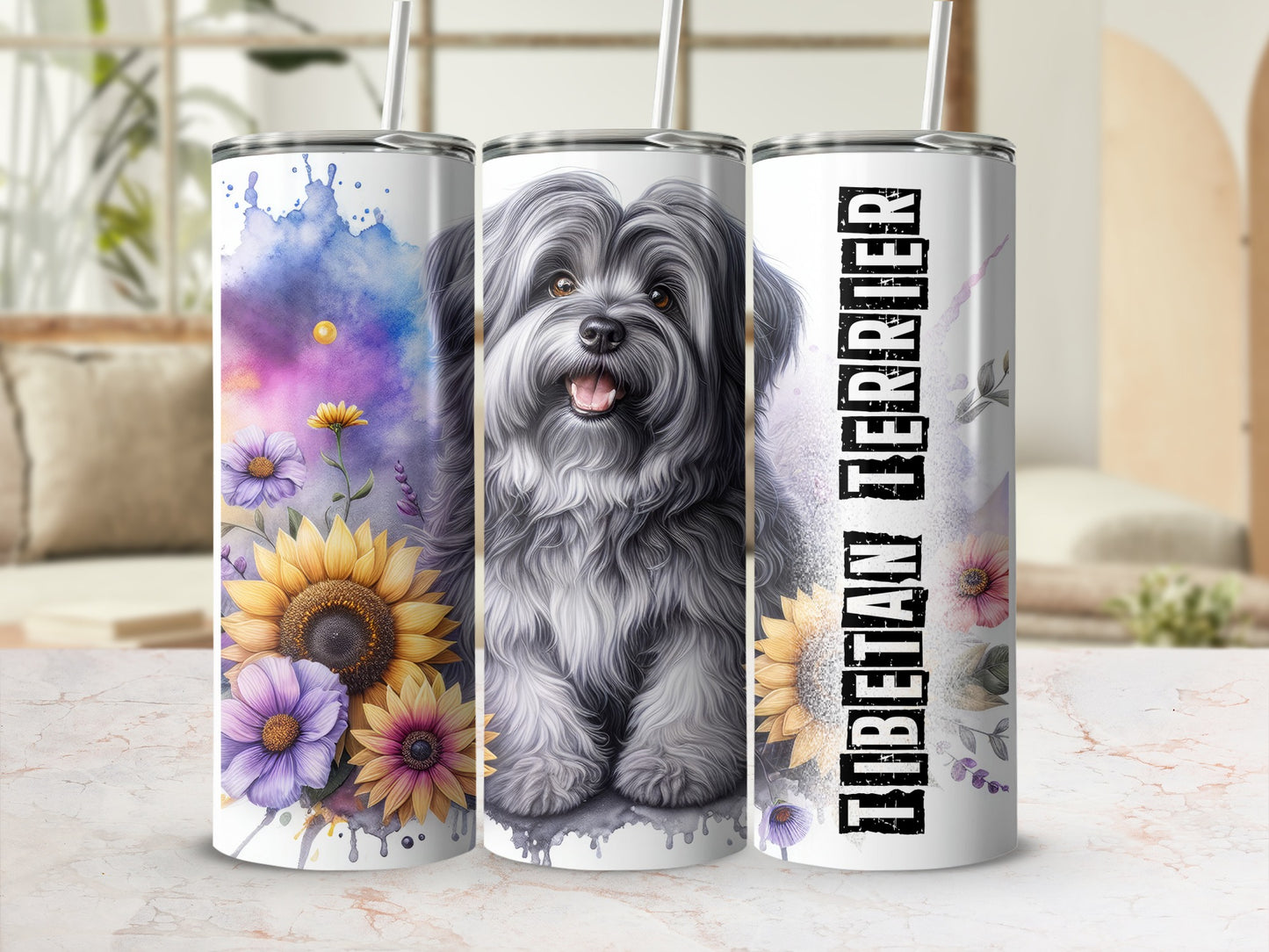 Tibetan Terrier on a tumbler with sunflowers and watercolor splashes.