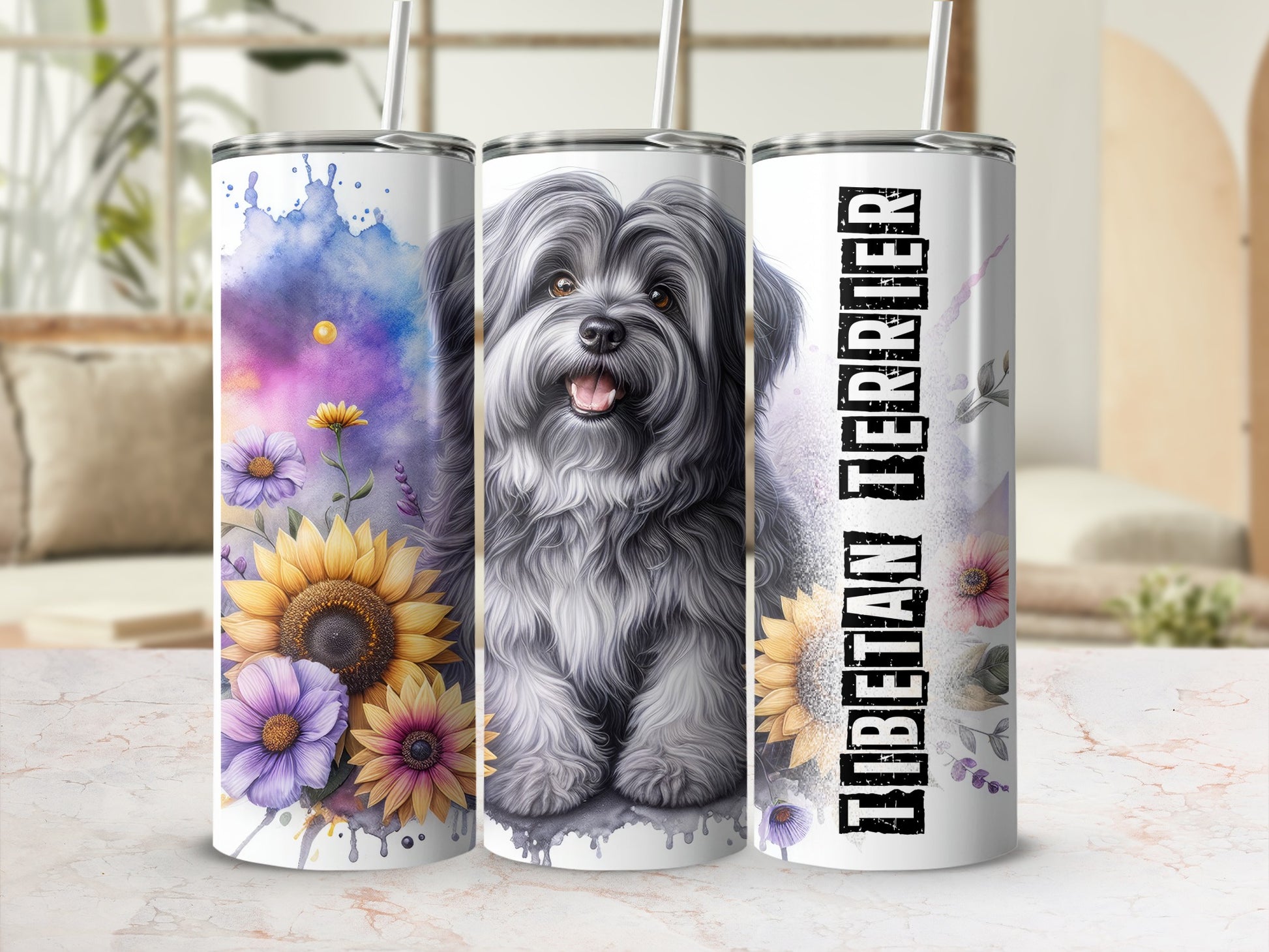 Tibetan Terrier on a tumbler with sunflowers and watercolor splashes.