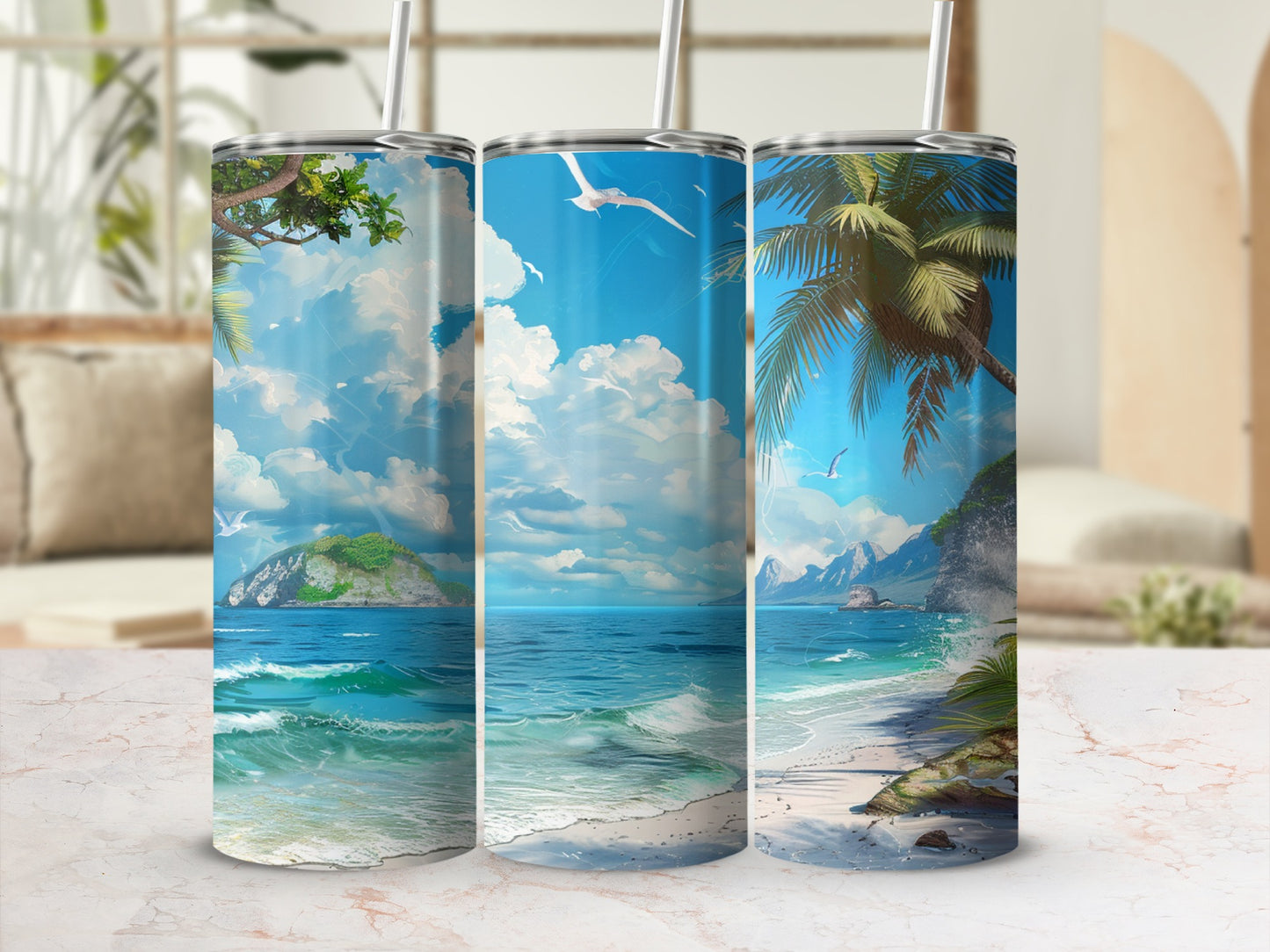 Beach scene with palm trees, ocean, and clouds wraps around three tumblers.