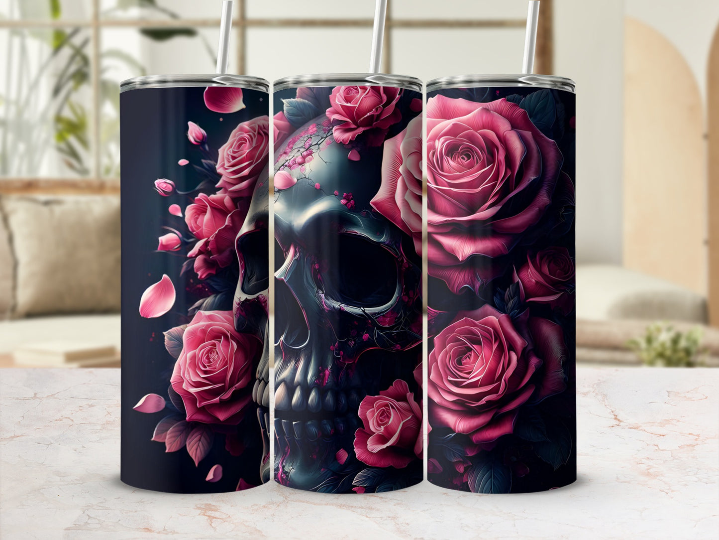 Floral skull tumbler with pink roses and dark accents.