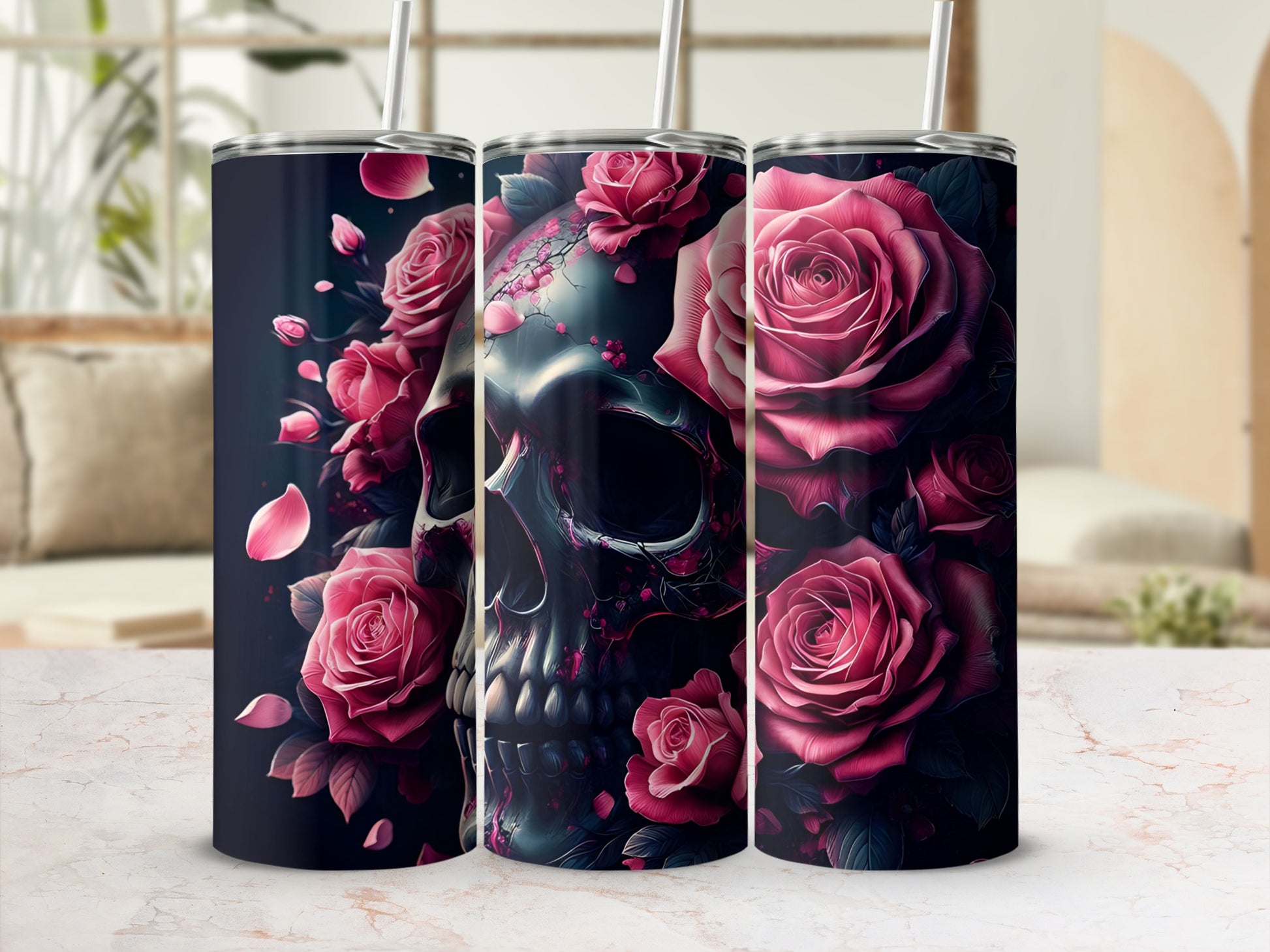 Floral skull tumbler with pink roses and dark accents.