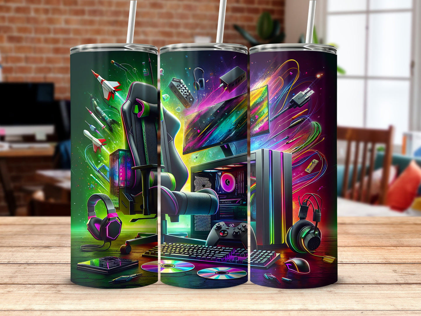 Vibrant gaming desk setup with accessories tumbler