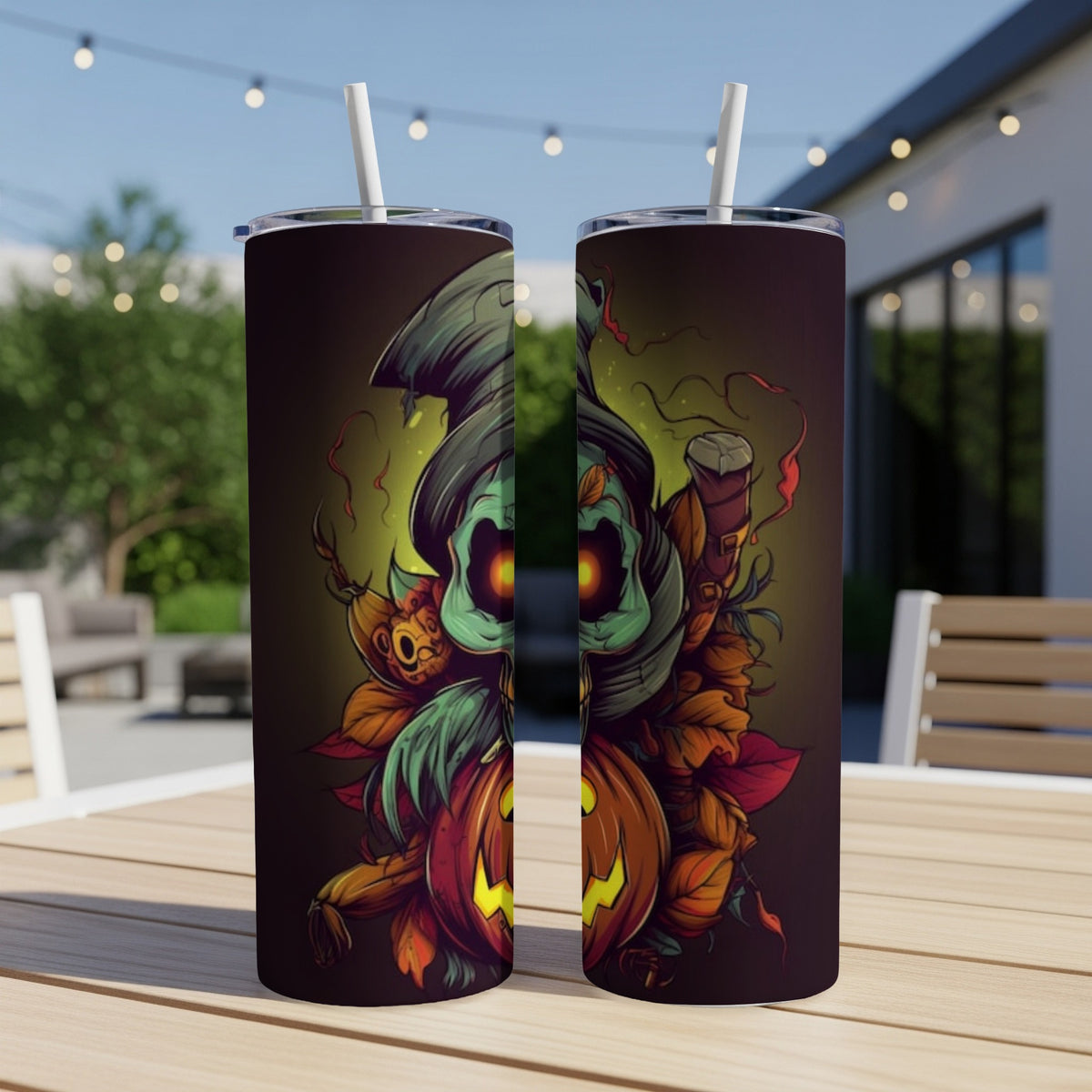 Two tumblers featuring a creepy Halloween character with pumpkins and leaves.