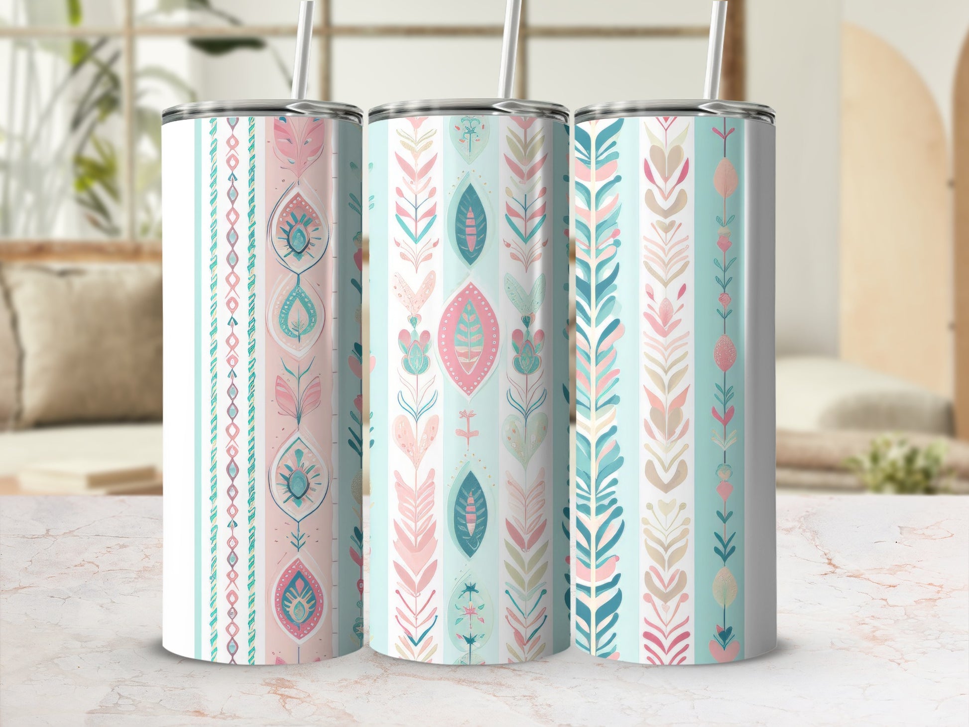 Boho Floral Pattern Tumbler with Straw Coffee Cup