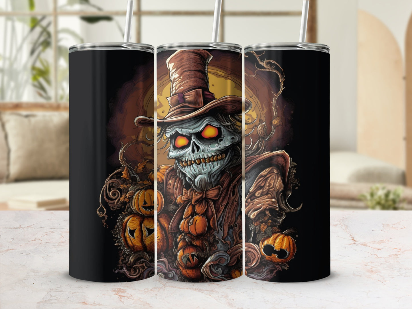 Tumbler with spooky skull, pumpkins, and fall foliage Halloween design.