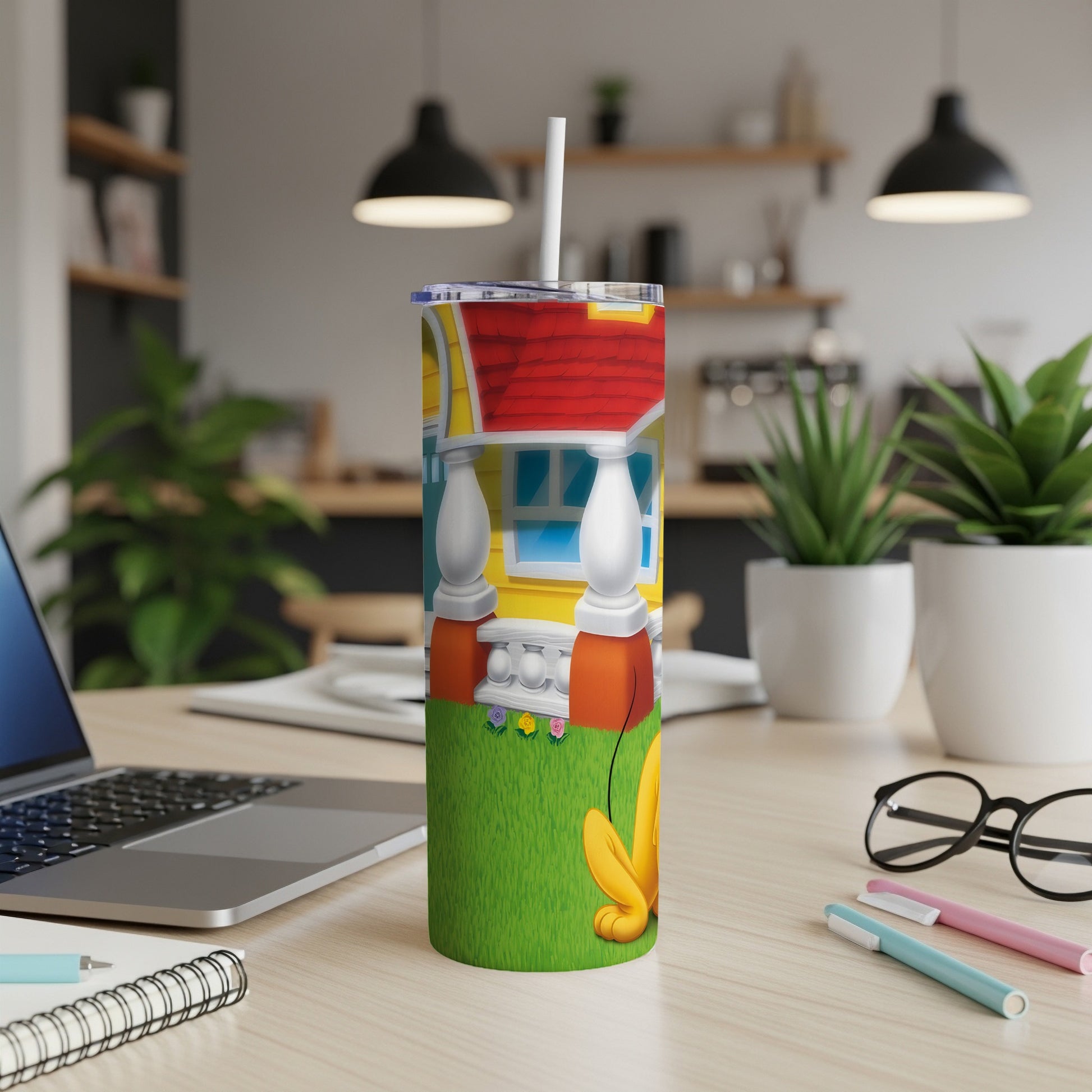 Yellow dog with red roof house and green grass design on a tumbler.