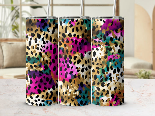 Triptych of tumblers with colorful leopard print and gold accents.