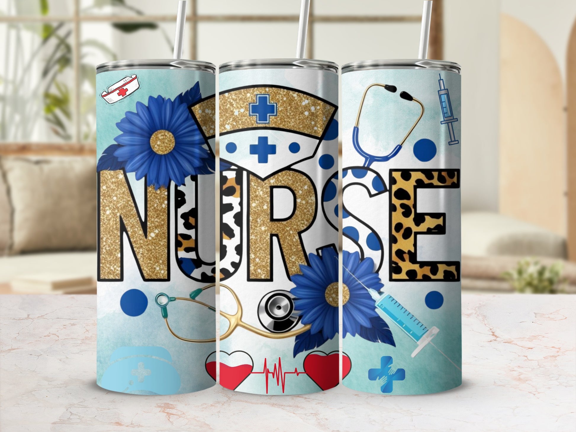 Nurse Themed Tumbler with Blue and Gold Accents