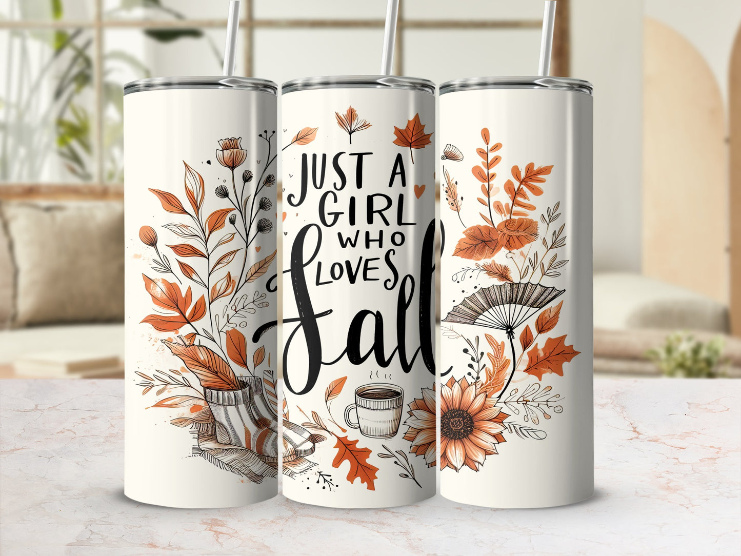 Tumbler with autumn leaves, coffee cup, and "Just a girl who loves Fall" text.