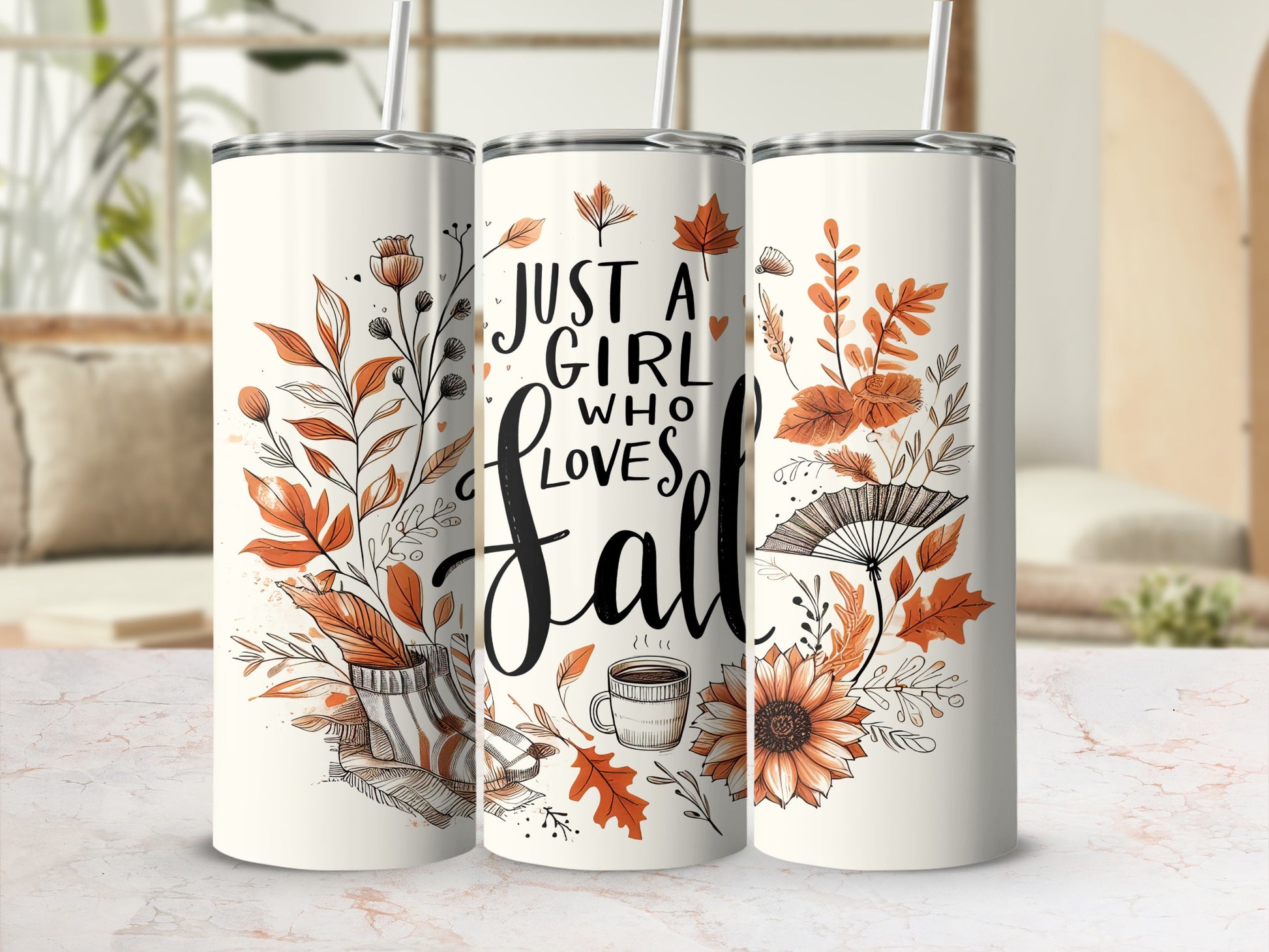 Tumbler with autumn leaves, coffee cup, and "Just a girl who loves Fall" text.