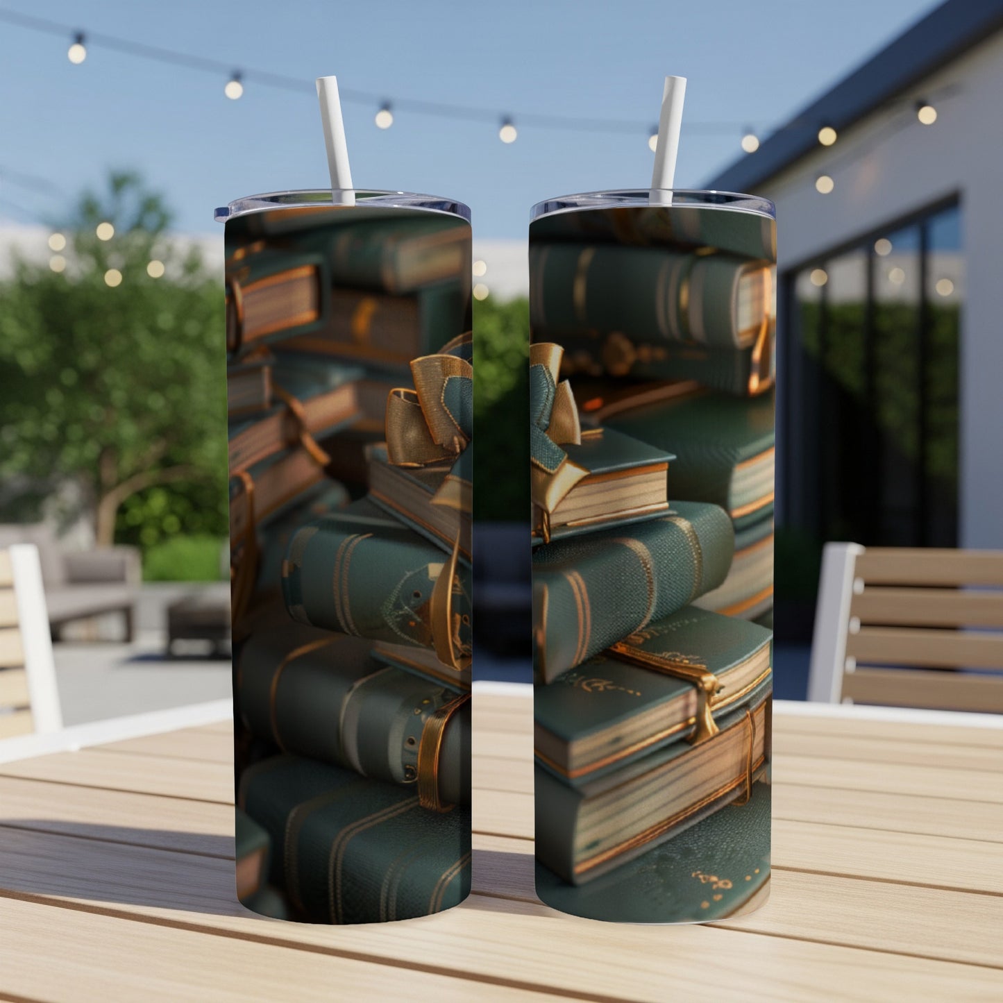 Two tumblers with stacked antique books design, one with straw.