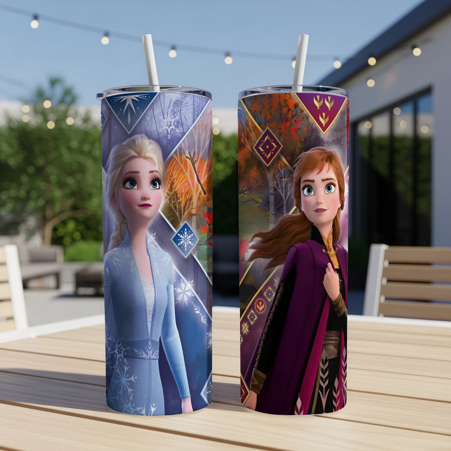 Two tumblers featuring Elsa and Anna from Disney's Frozen.
