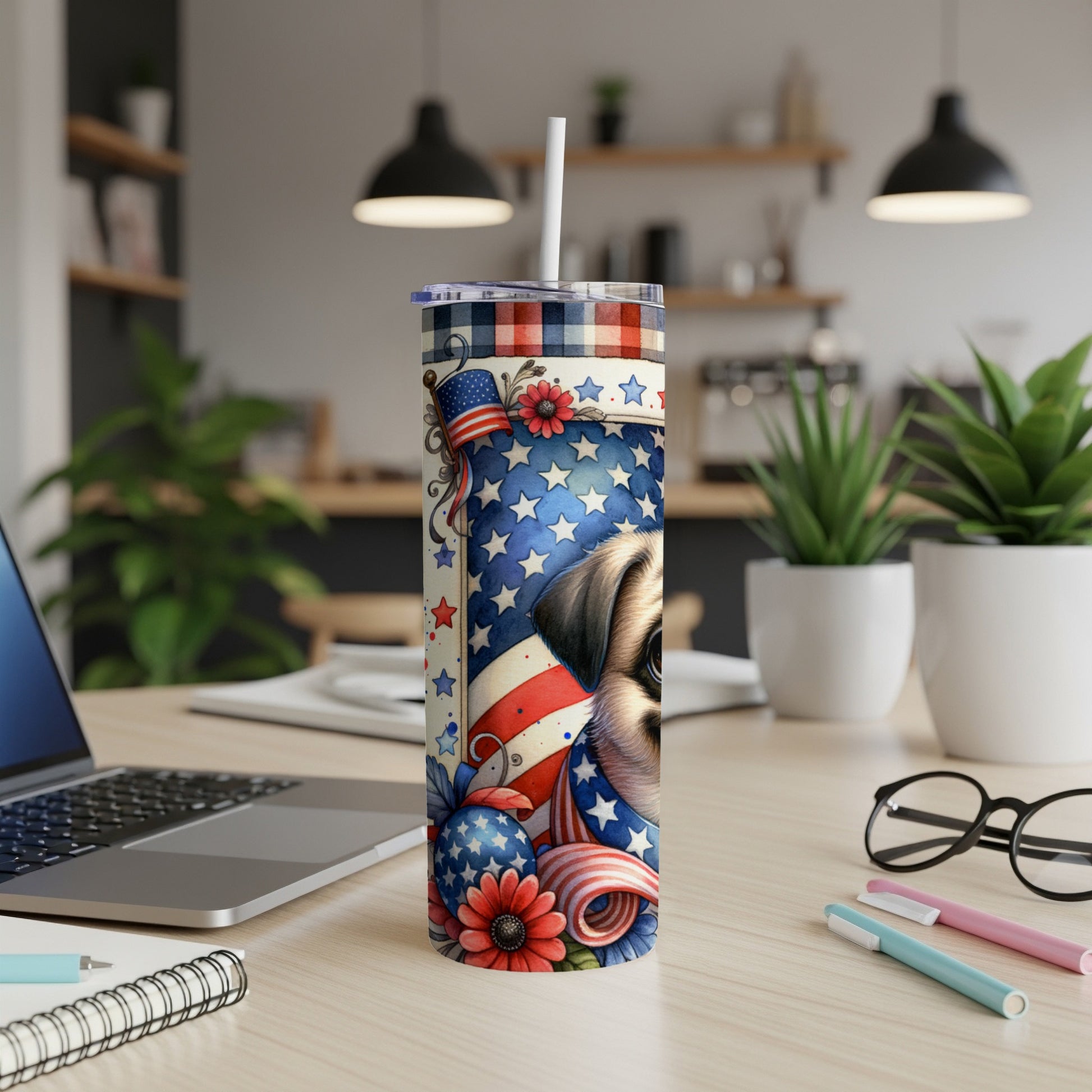 Patriotic pug tumbler with US flag and festive decorations.
