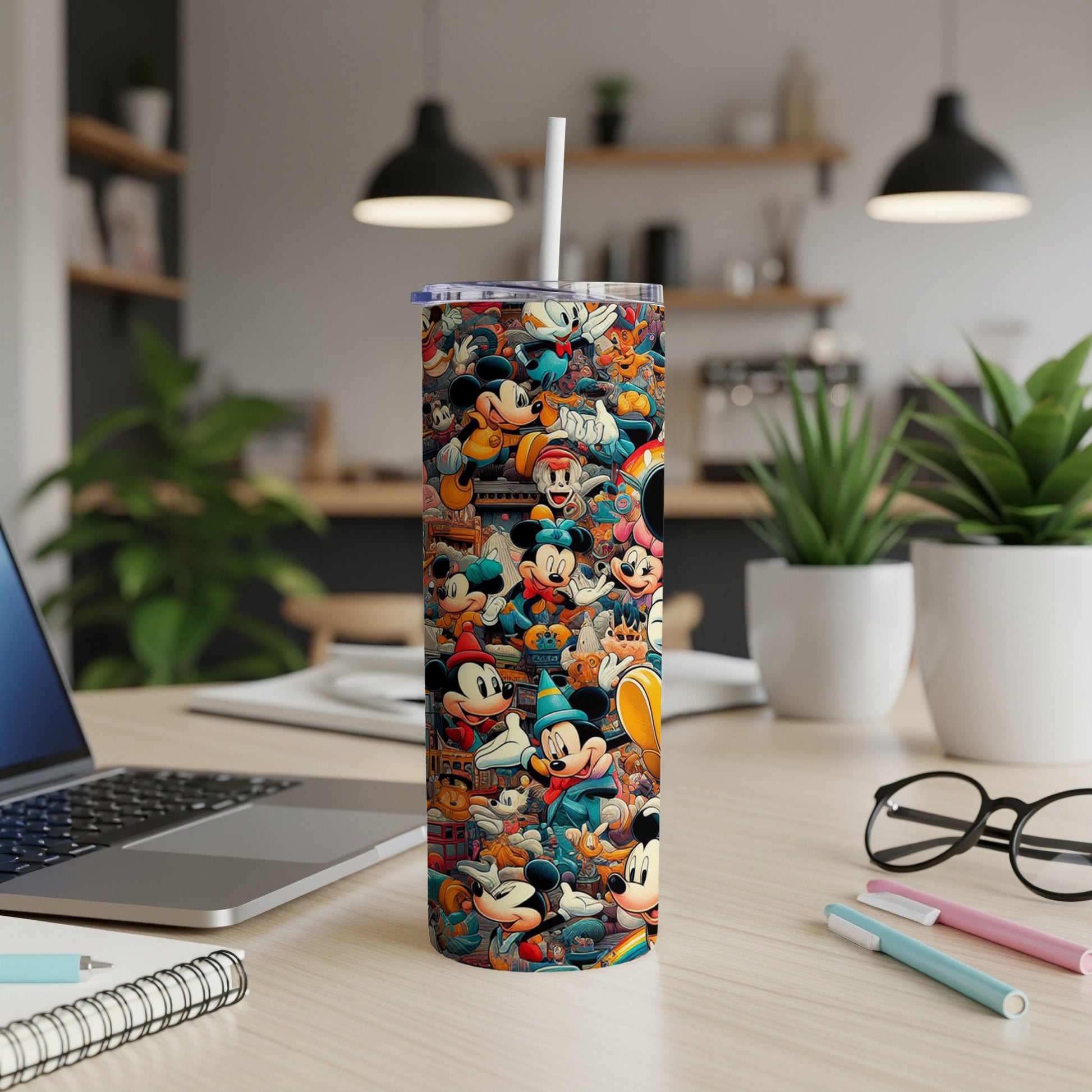 Tumbler with a repeating pattern of Mickey Mouse characters.