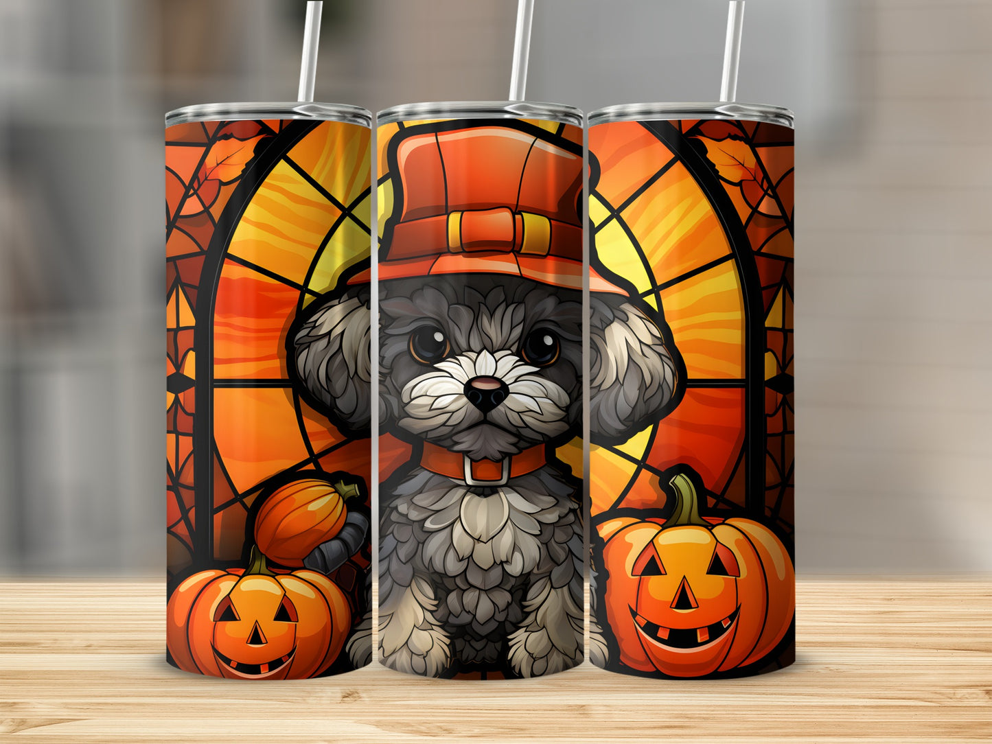 Three tumblers featuring a gray dog in a pilgrim hat and pumpkins, set against a stained-glass autumn background.