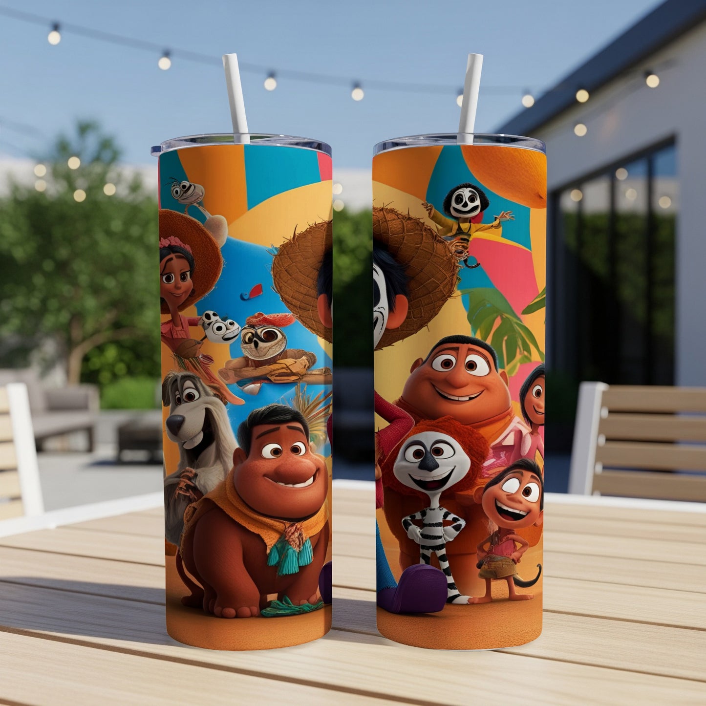 Two colorful tumblers with animated characters and tropical background art.