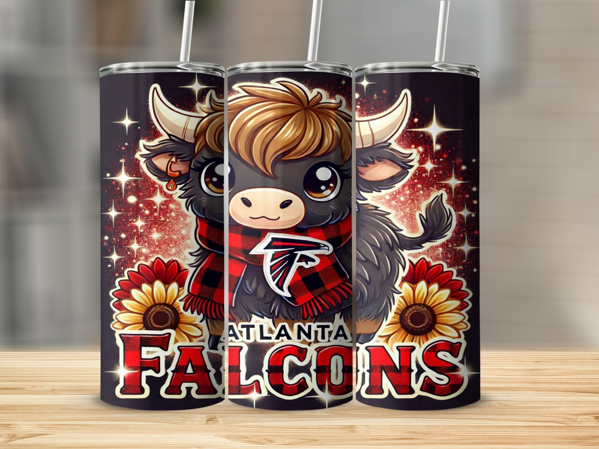Atlanta Falcons tumbler with cute cartoon bull wearing a scarf.