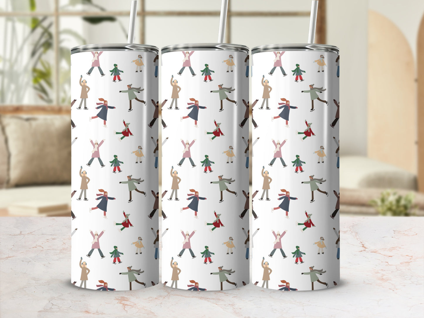 Tumbler with repeating pattern of ice skaters in colorful winter clothing.