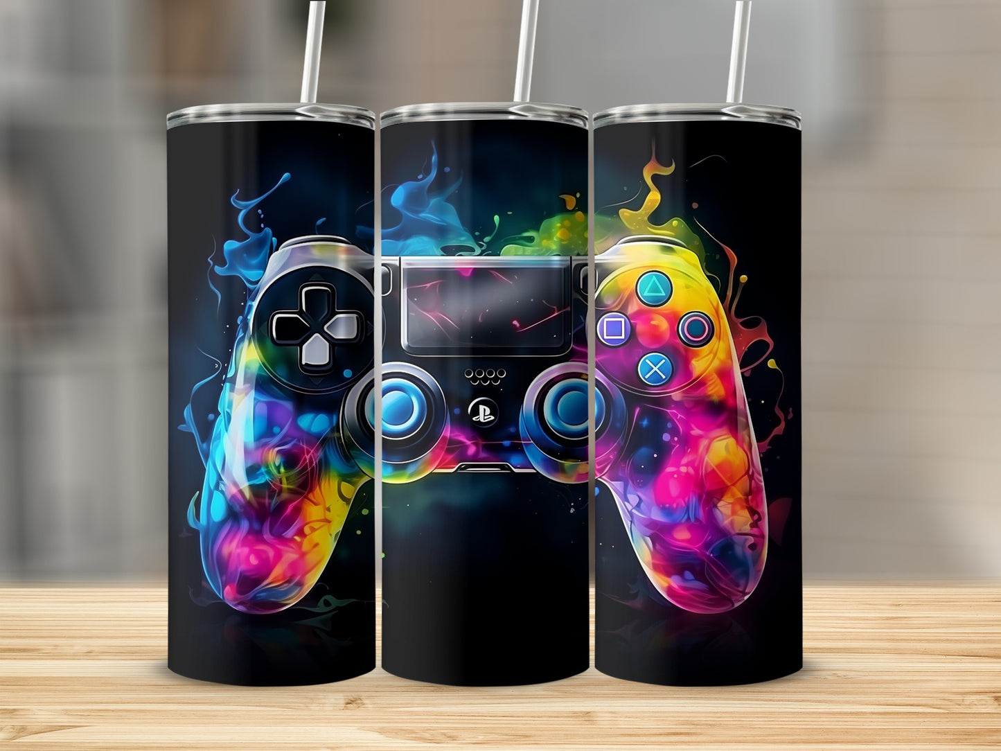 Colorful Gaming Controller Art on Black Tumbler Product