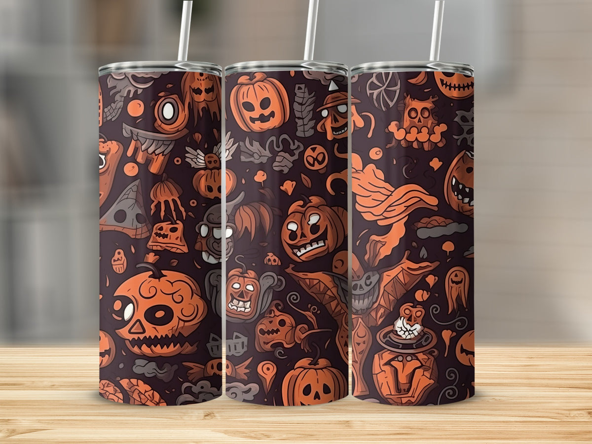 Three tumblers with a dark Halloween pattern of pumpkins, ghosts, bats, and skulls.