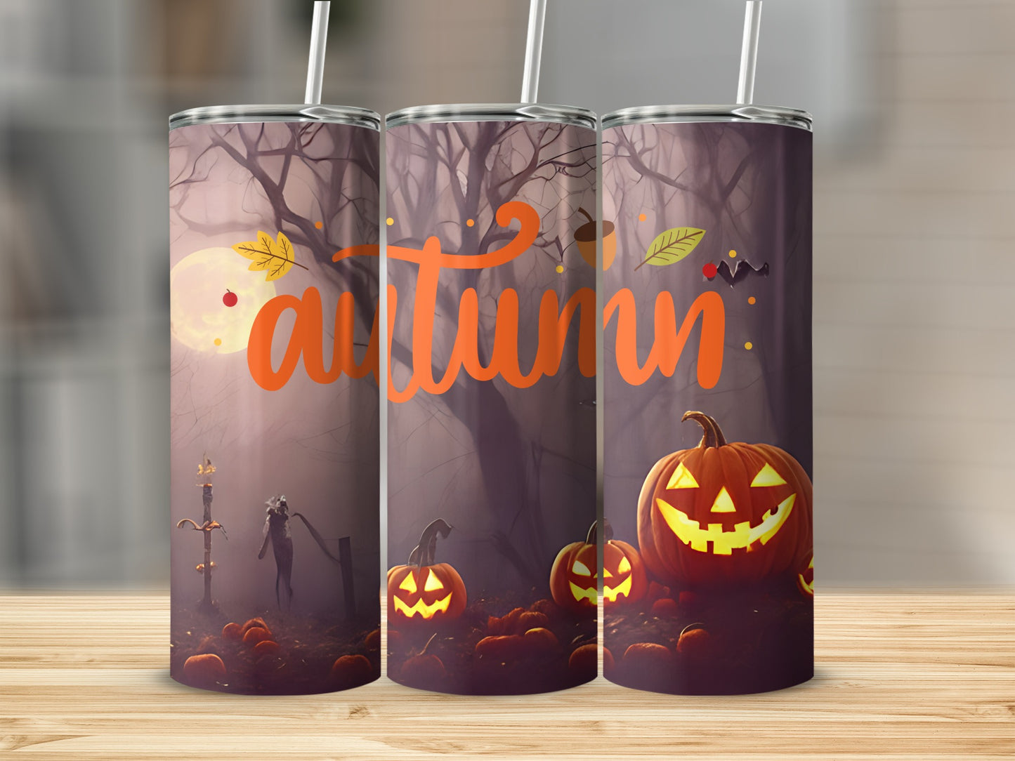 Autumn Halloween Themed Tumbler with Pumpkins Design