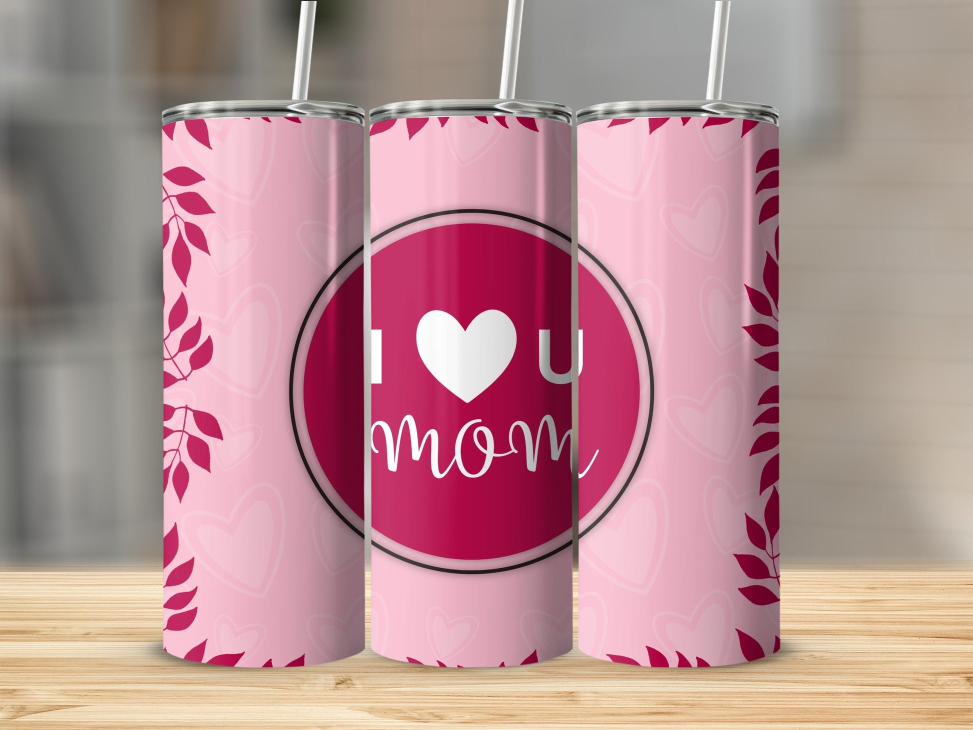 I Love Mom Pink Tumbler with Heart and Leaf Designs
