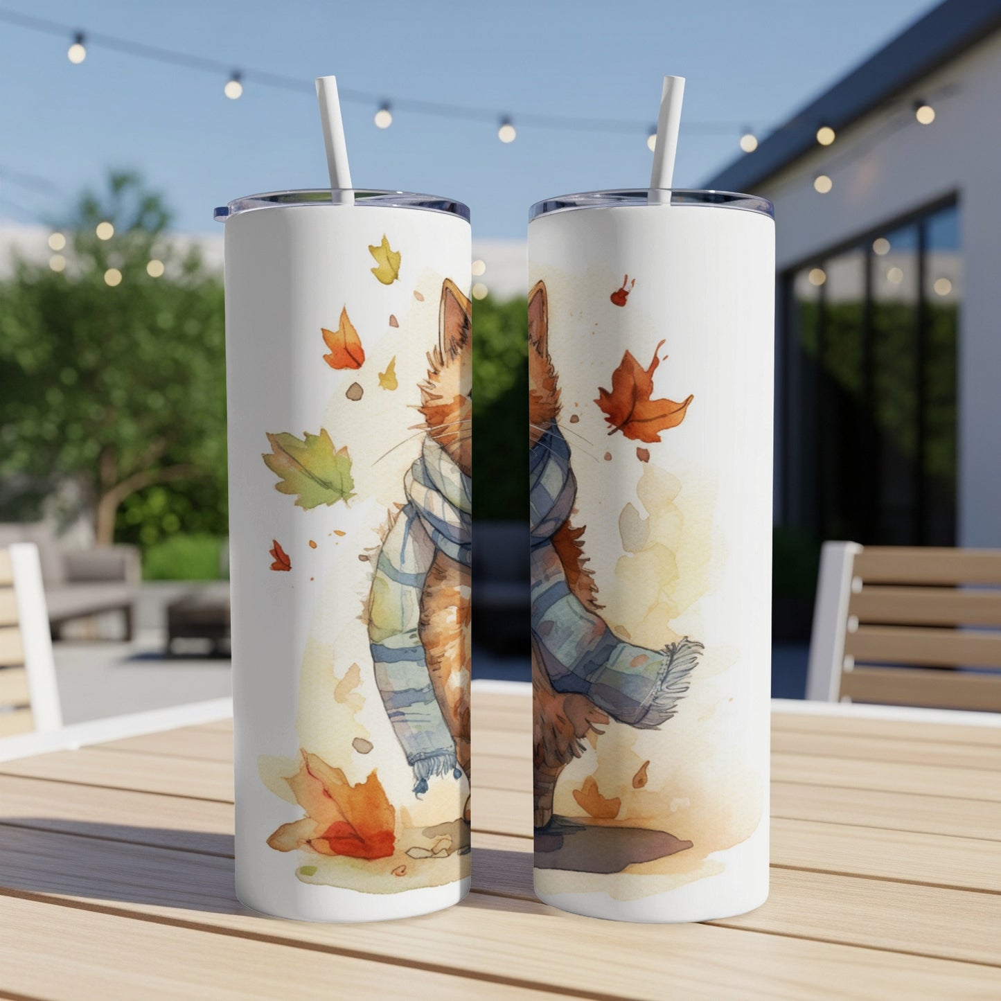 Two tumblers with a watercolor cat wearing a scarf and falling leaves.