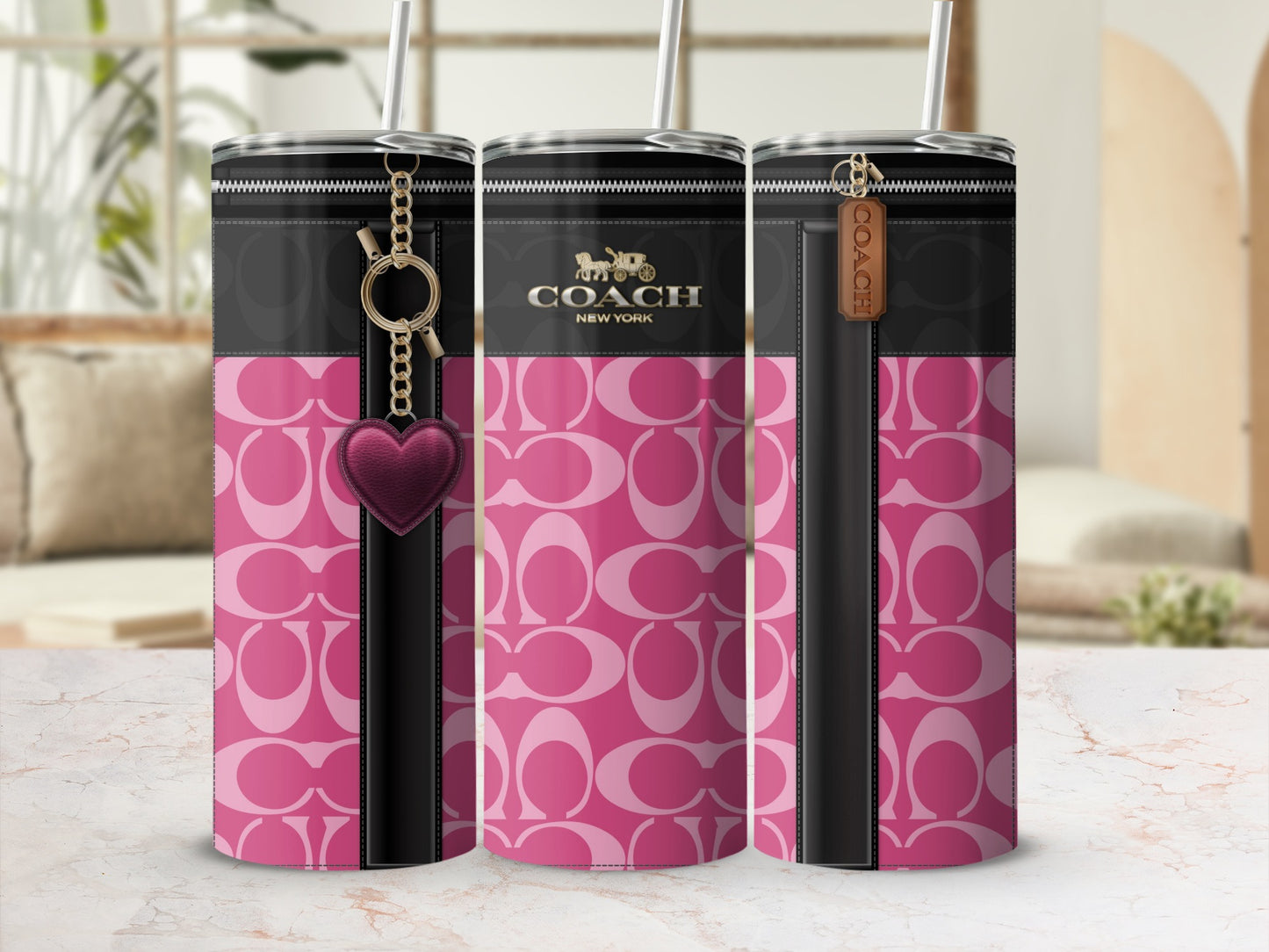 Coach New York Pink Pattern Tall Tumbler Cups