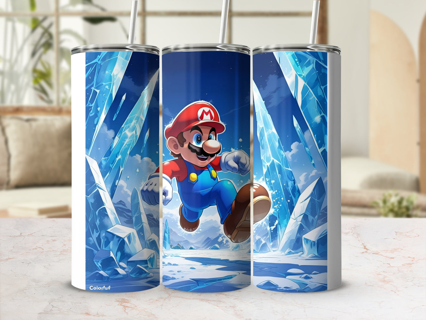 Mario running through an icy landscape on a white tumbler.