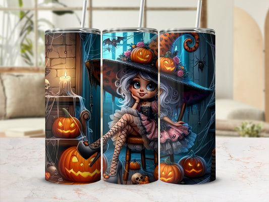 Three tumblers with a Halloween theme featuring a cute witch, pumpkins, bats, and spiders.