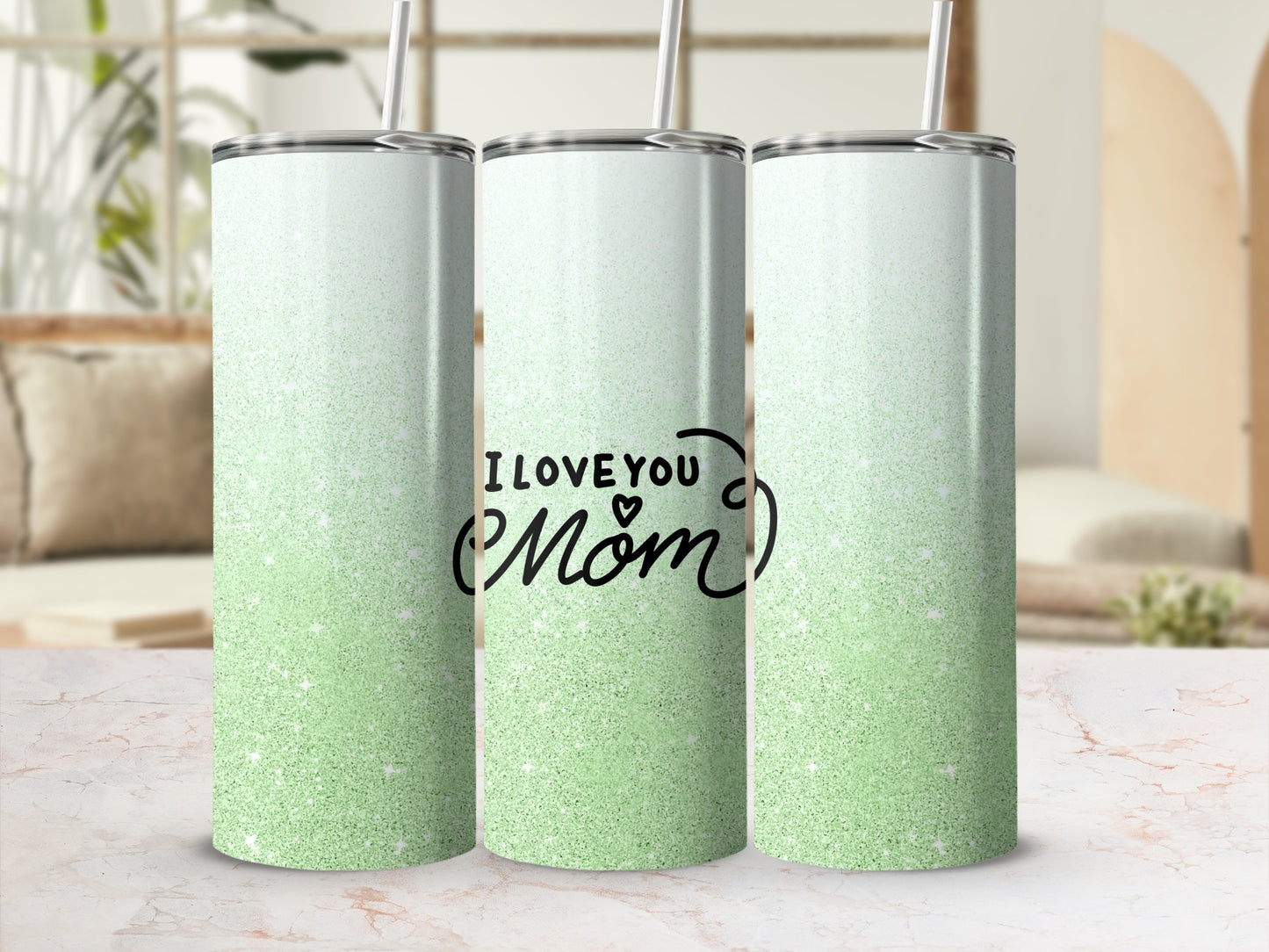 Green glitter tumbler with "I Love Mom" text and straw.