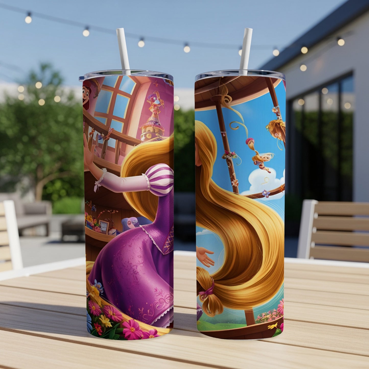 Tangled characters Rapunzel and Pascal on a purple and blue tumbler.