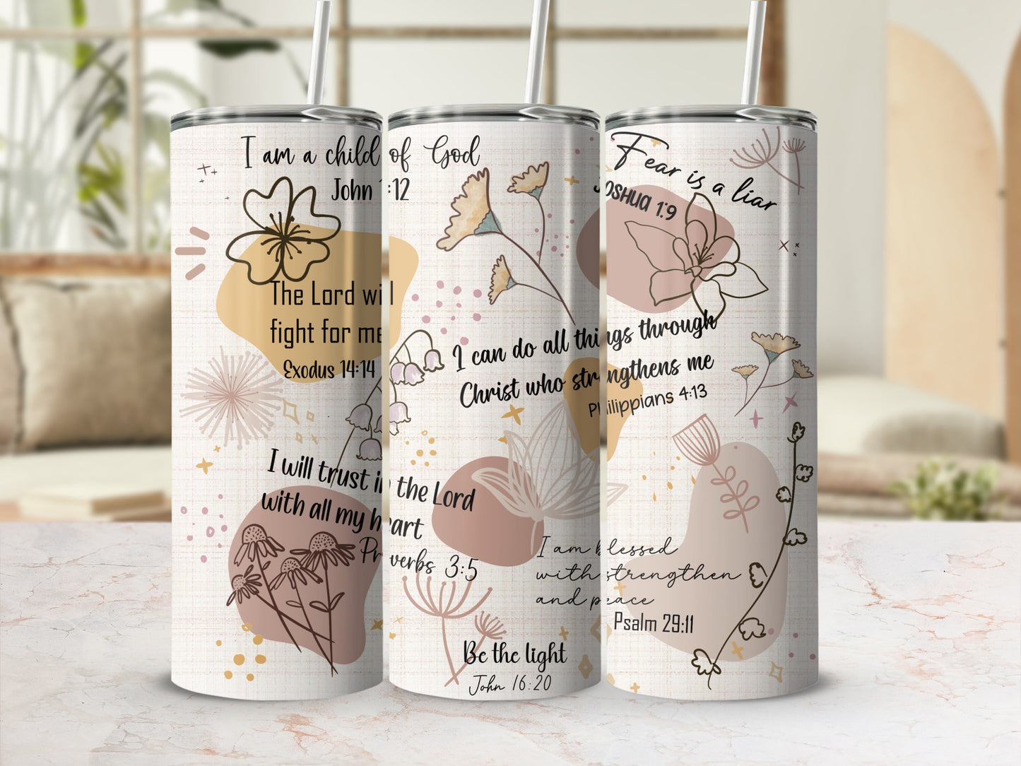 Tumbler with floral design and Bible verses "Fear is a liar."