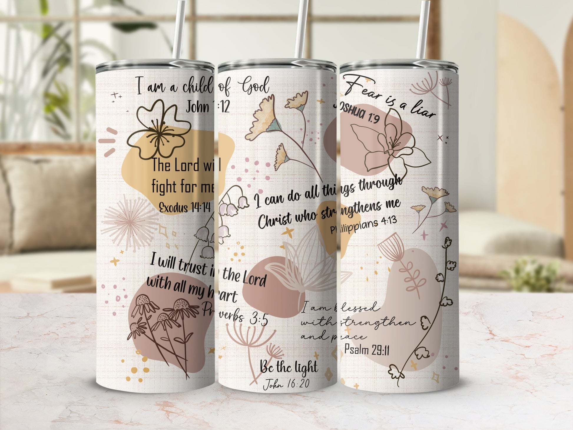 Tumbler with floral design and Bible verses "Fear is a liar."