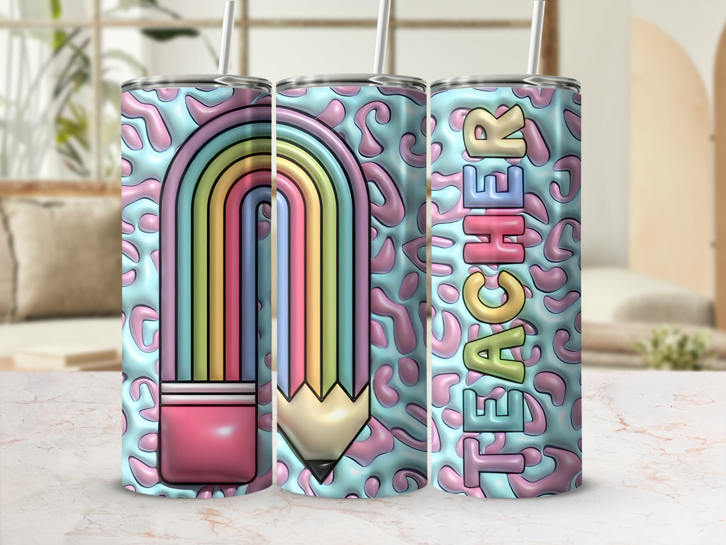 Rainbow pencil design on a leopard print tumbler with "Teacher" text.