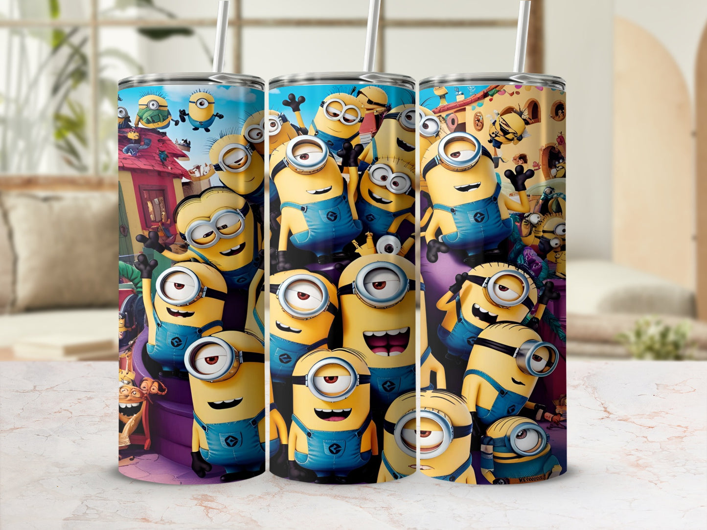 Minions in blue overalls on a tumbler with straws.