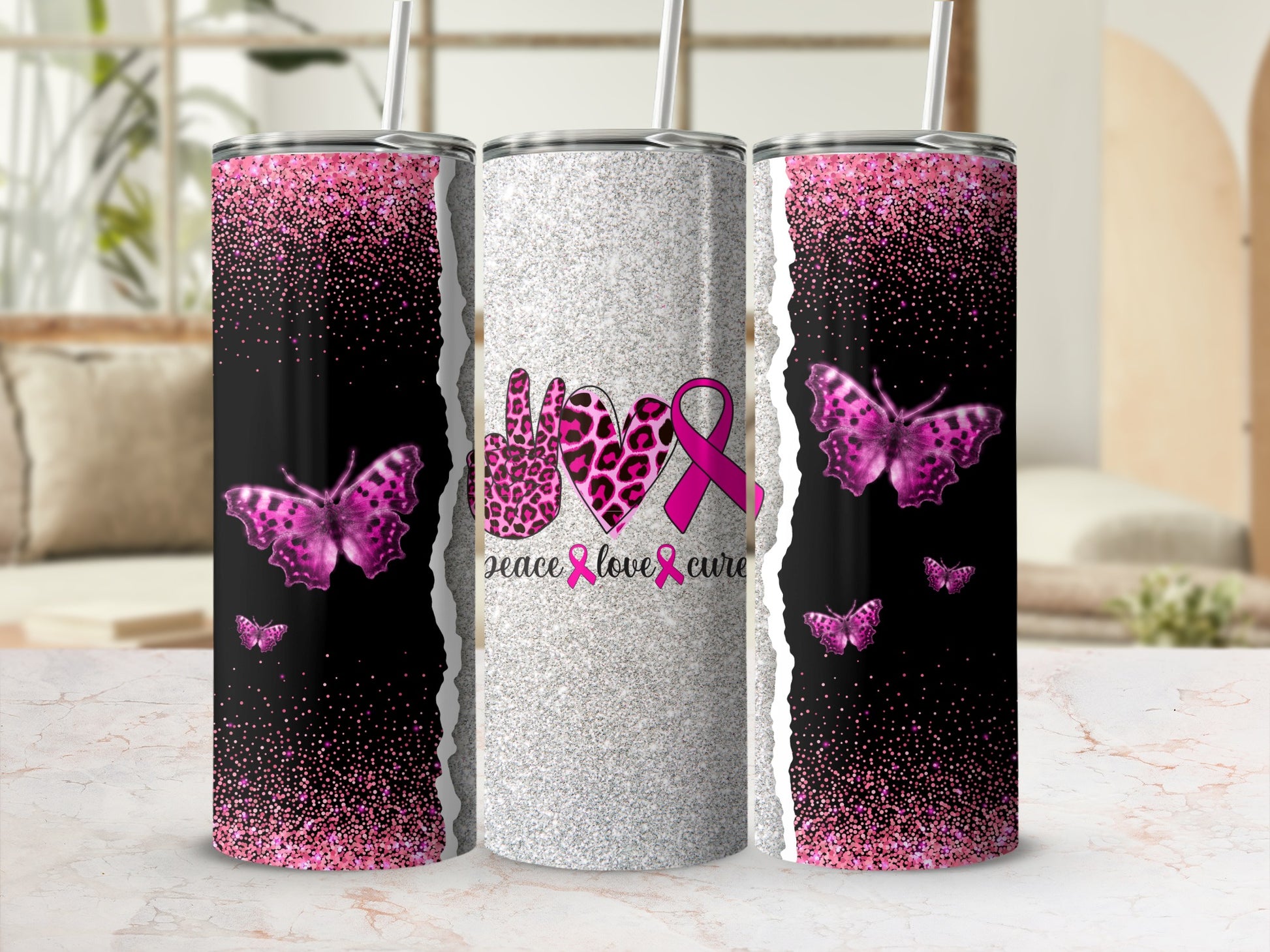 Pink glitter tumbler with peace, love, cure, and butterflies.