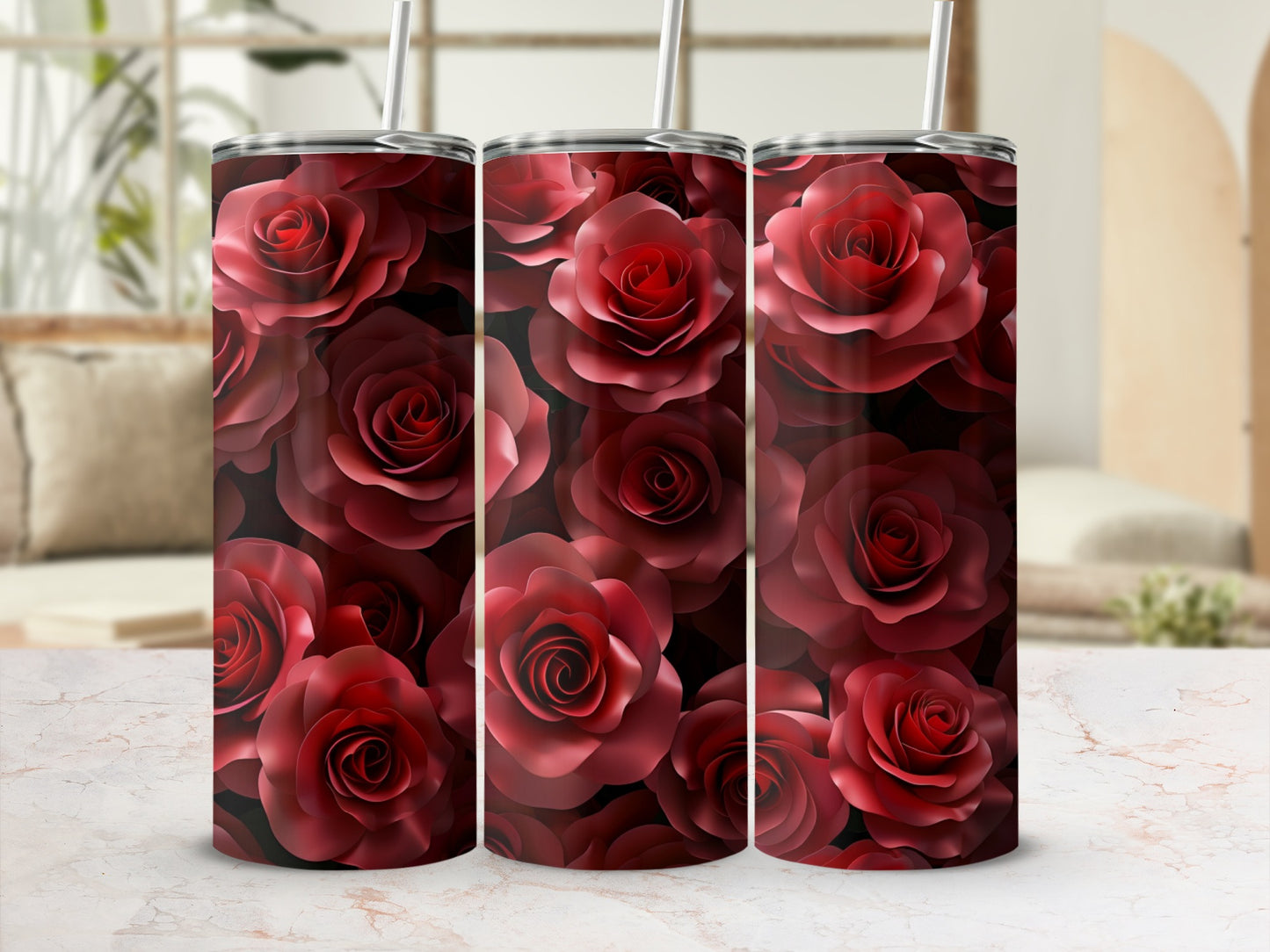 Three tumblers featuring a deep red rose floral pattern.