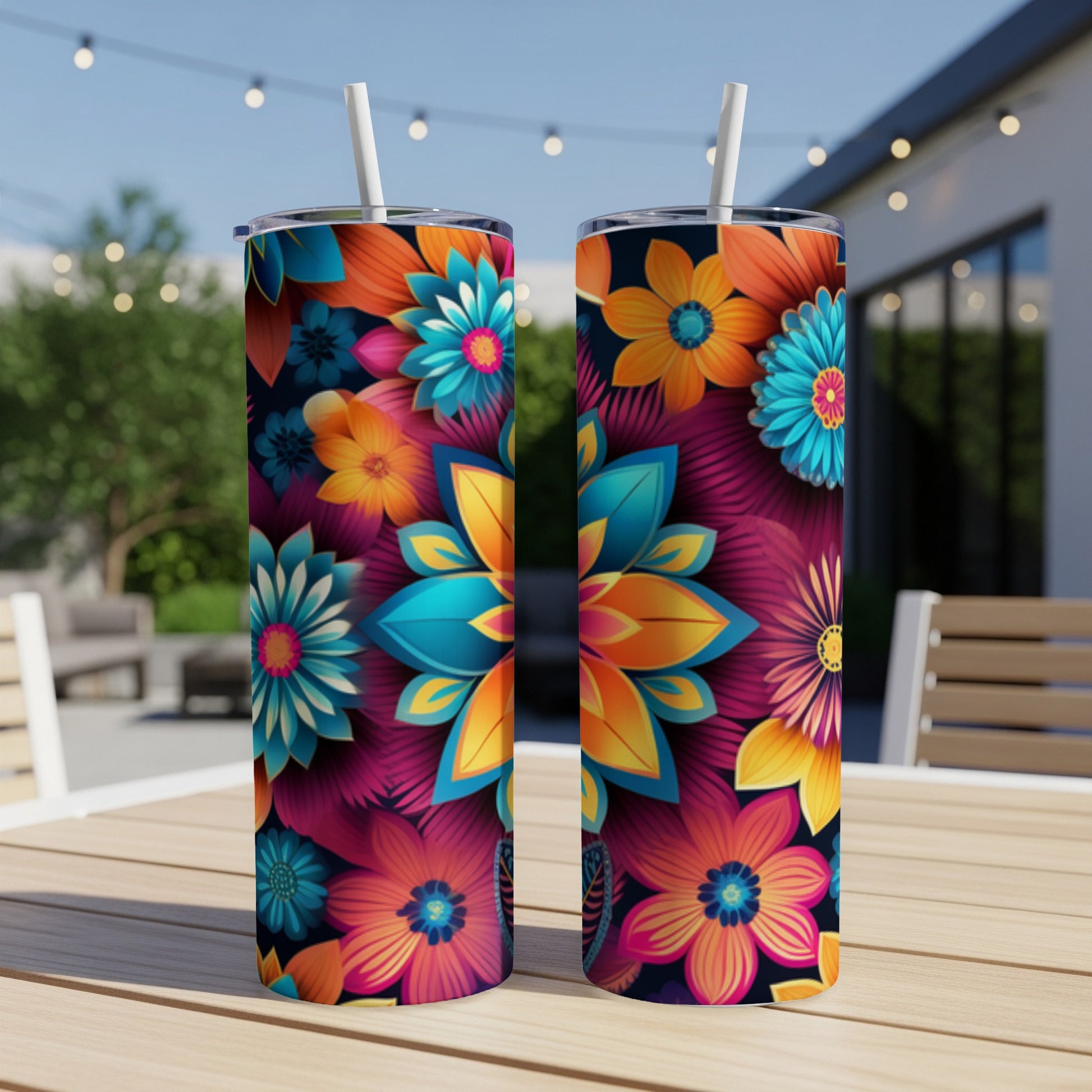 Two tumblers with vibrant, abstract floral patterns and straws, sitting on a wooden table.