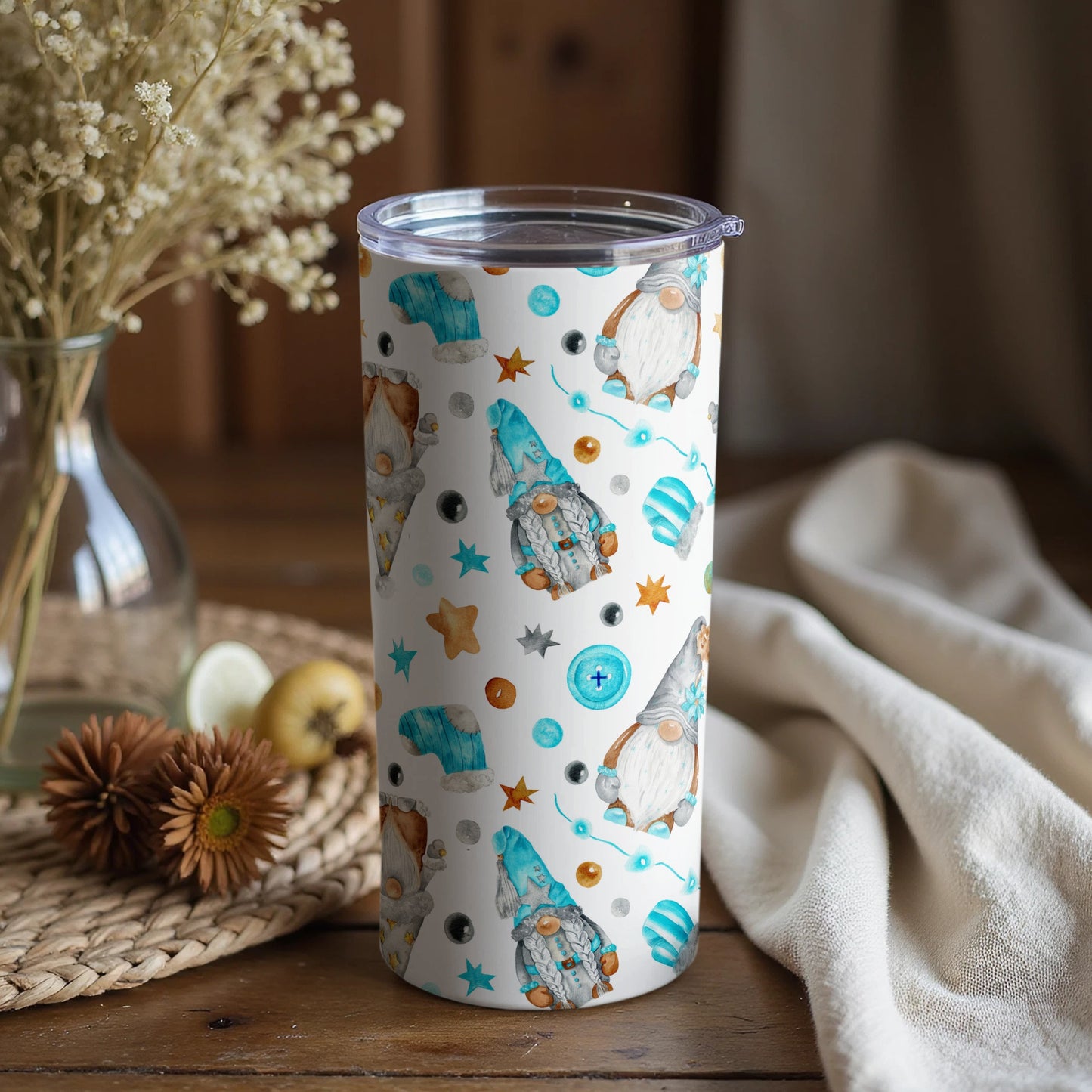 Gnome-themed tumbler with cute whimsical designs