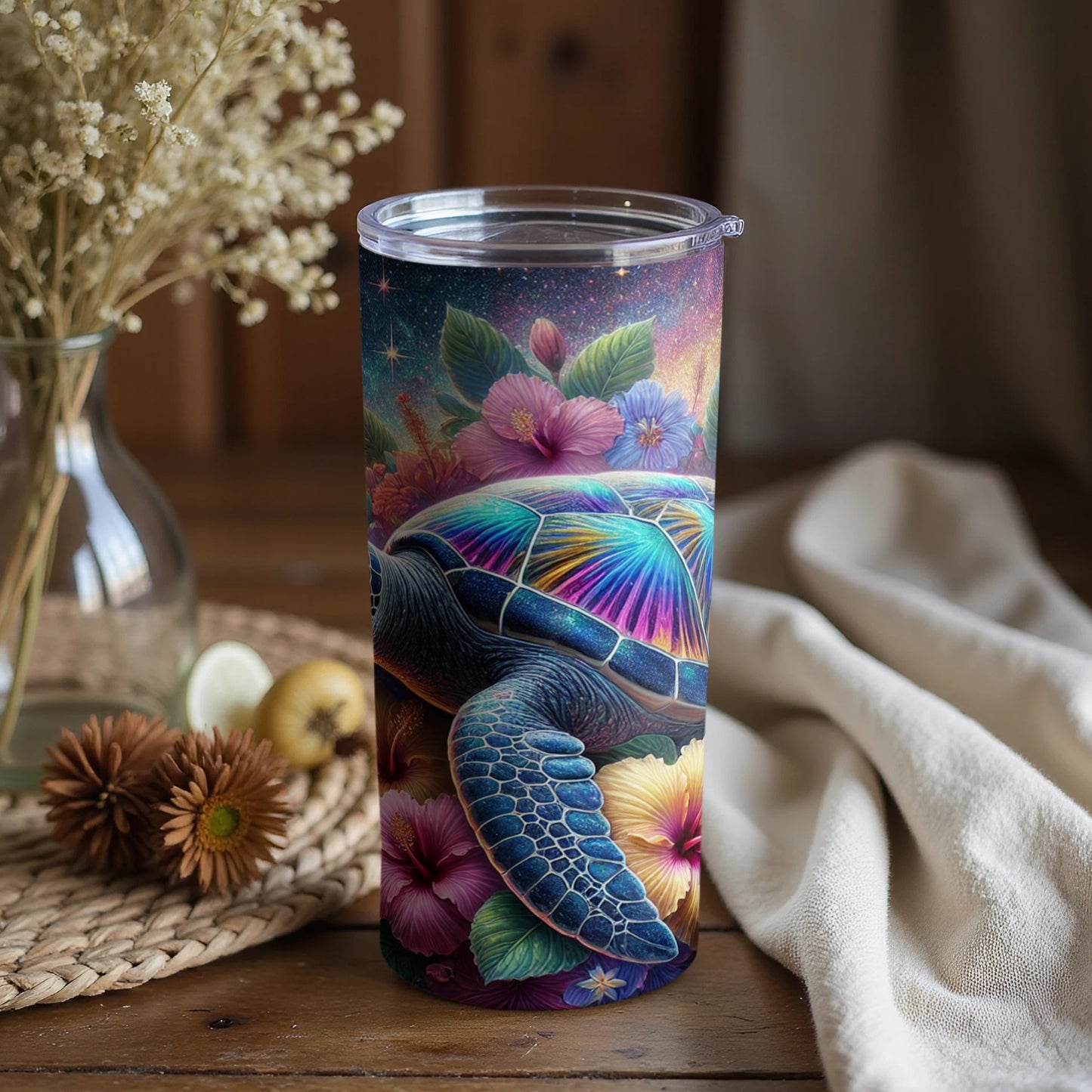 Colorful Turtle and Flowers Art Tumbler Design