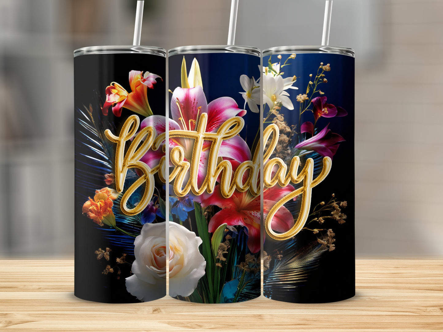 Tumbler with "Birthday" text and floral bouquet design.